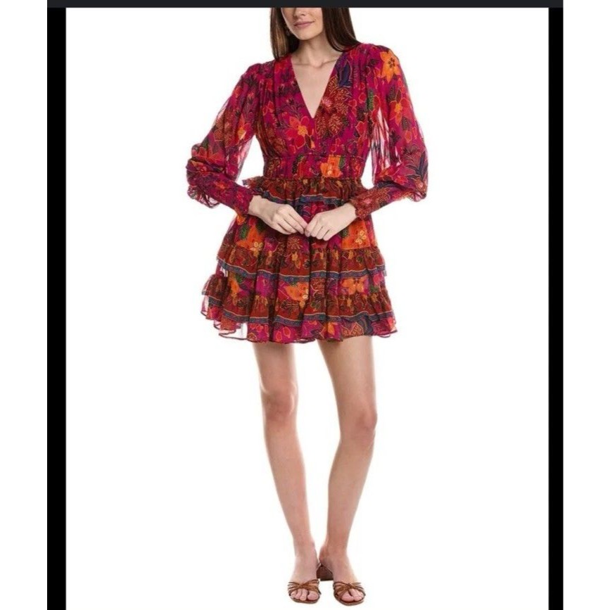 Farm Rio Tropical Tapestry Pink Mini Dress Flowy Flared Ruffle Size Xl